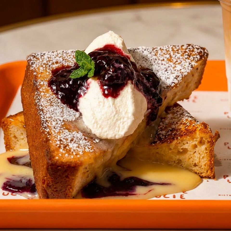Powdered French toast topped with whipped cream, blueberry compote, and mint on an orange tray beside a Petit Lucie iced coffee.