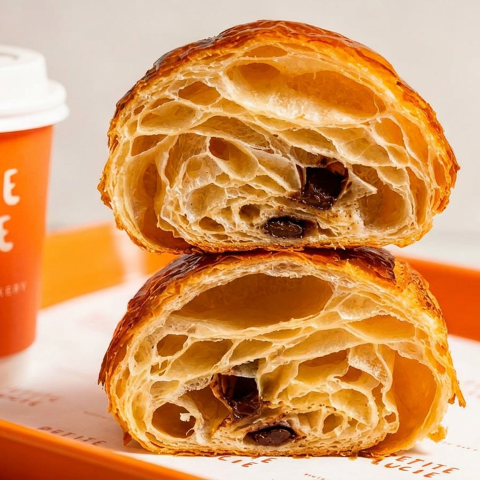 Two chocolate-filled croissants stacked on an orange serving tray beside a Petite Lucie takeaway coffee cup.