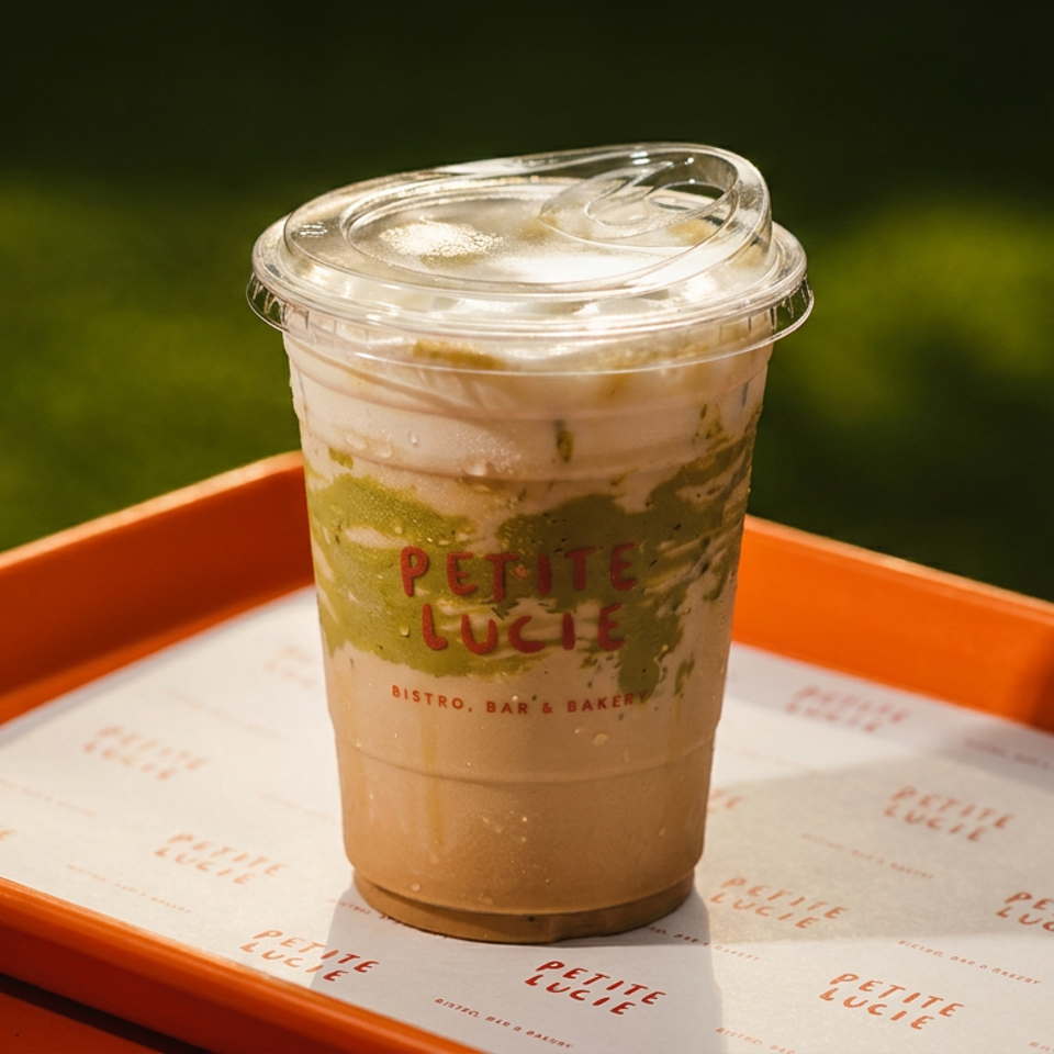 Iced layered beverage in a branded Petite Lucie cup on an orange serving tray.