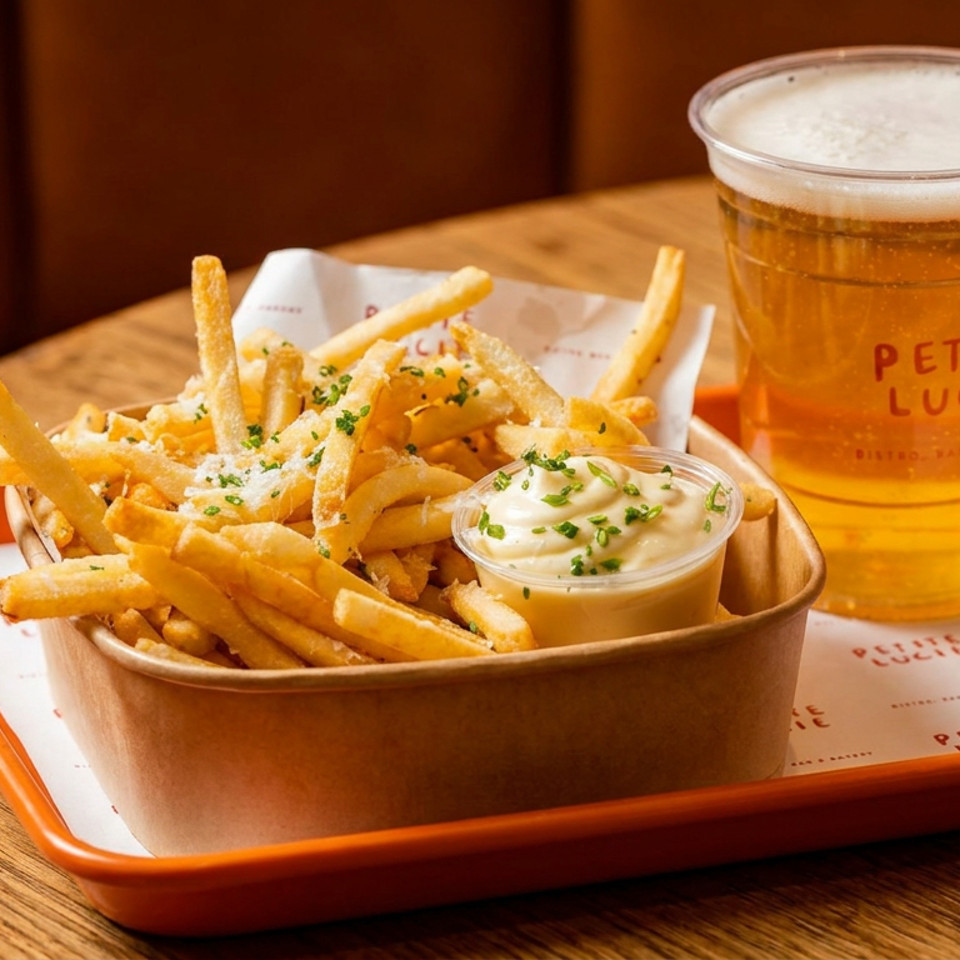 Basket of seasoned fries with dipping sauce and a beer on an orange Petite Lucie restaurant tray.