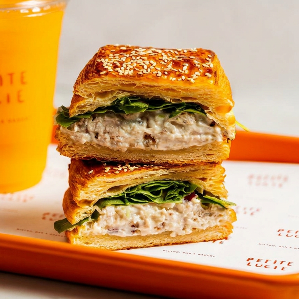 Stacked flaky pastry sandwiches with creamy filling and lettuce beside an orange drink on a branded orange tray.